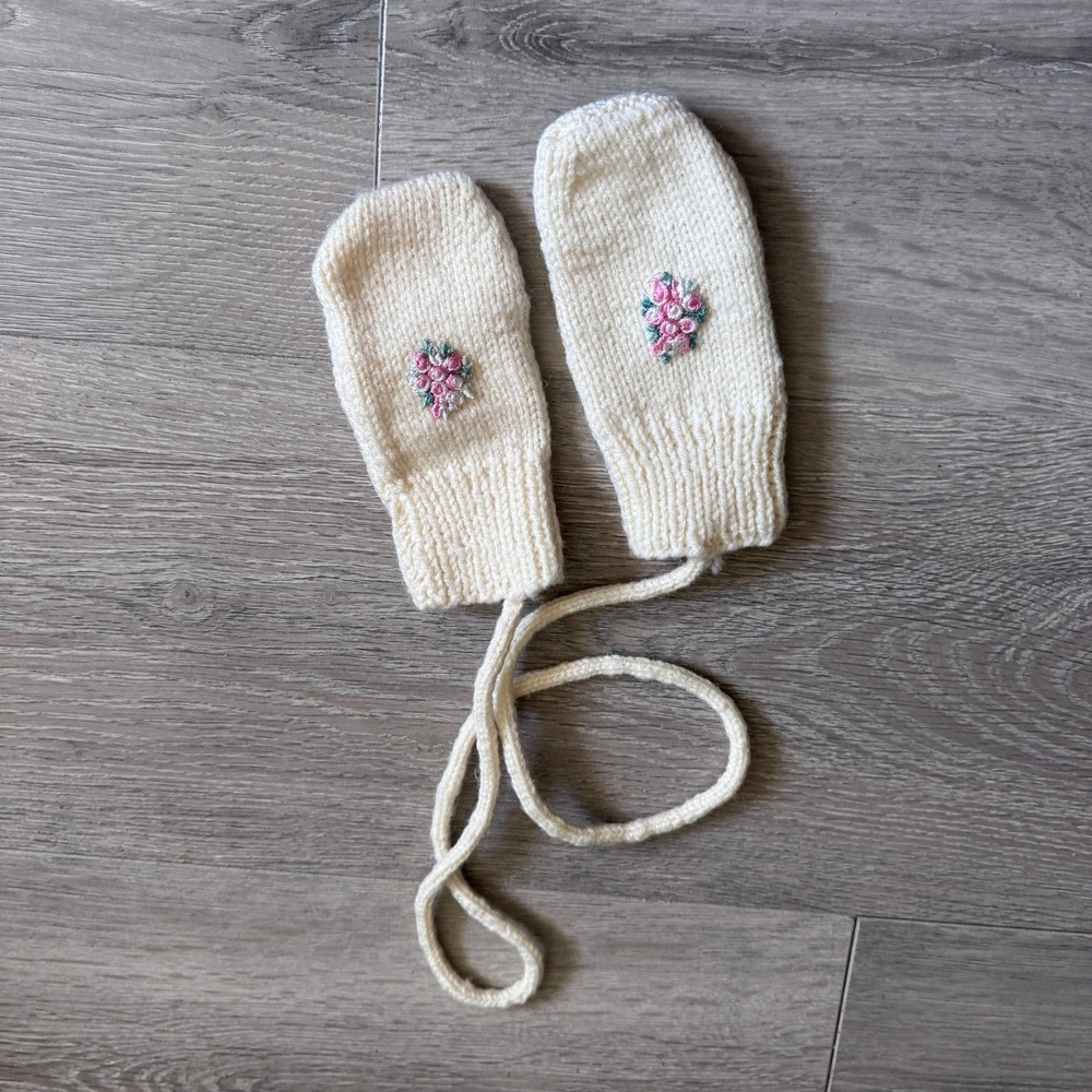 Handmade Knit Baby Mittens Cream Ivory Floral Embroidered String Vintage Style